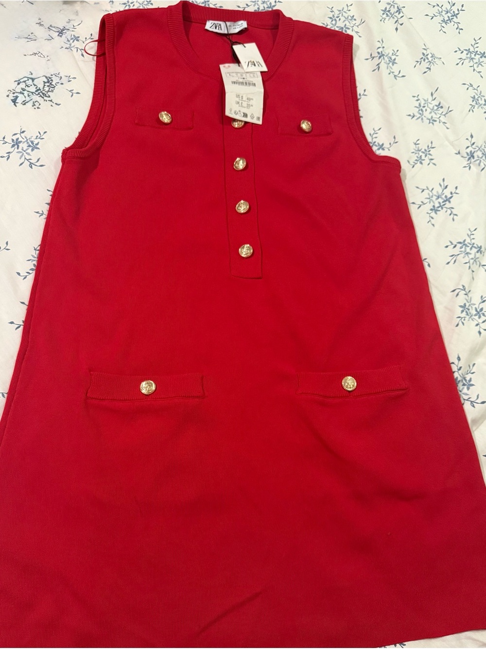 Zara Red Sleeveless Knit Tank Dress with Gold Buttons